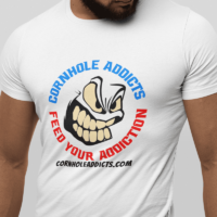 mockup-of-a-bearded-man-wearing-a-unisex-short-sleeve-tee-from-bella-canvas-m13951 (1) Short sleeve tee with full color cornhole addicts logo white