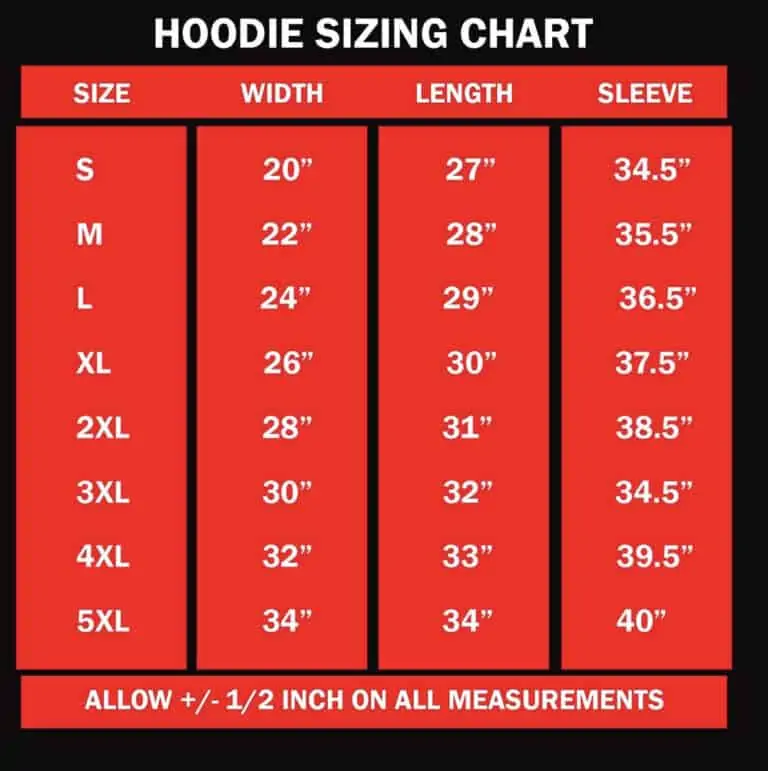 Addicts hoodie sizing chart