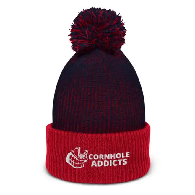 speckled pom pom beanie navy red front 618a8cab374fc