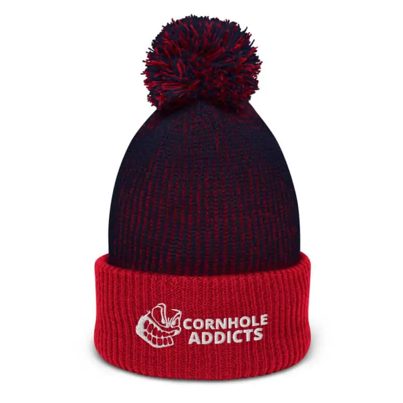 speckled pom pom beanie navy red front 618a8cab374fc