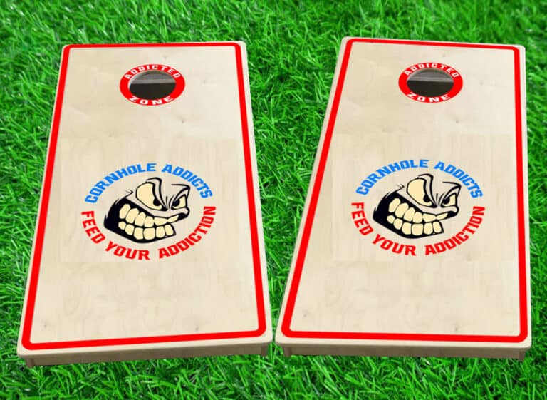 Red trim boards with cornhole addicts logo