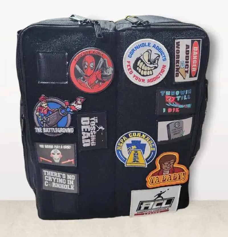 Cornhole Addicts velcro cornhole backpack front