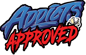 a blue and red text addicts approved whiplash bags