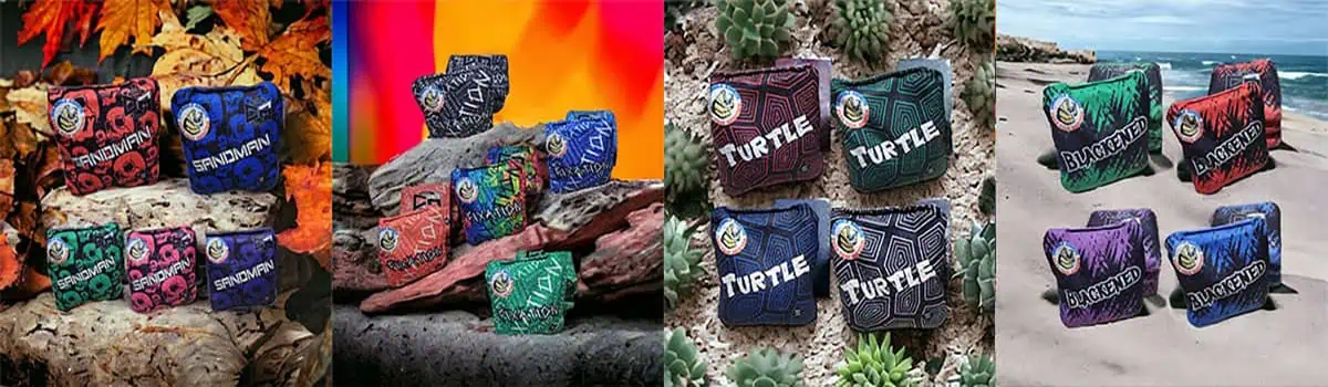 a collection of different series of our cornhole addicts bags