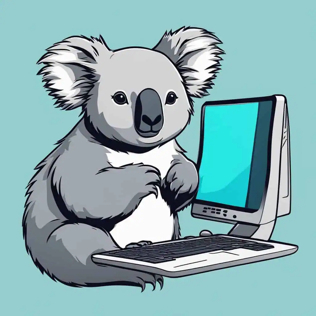 A koala using a computer with a speech bubble above its head